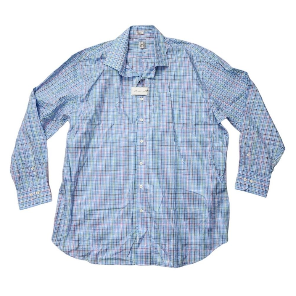 Peter Millar NWT Blue Shirt Plaid Longsleeve Button Summer 2xl XXL